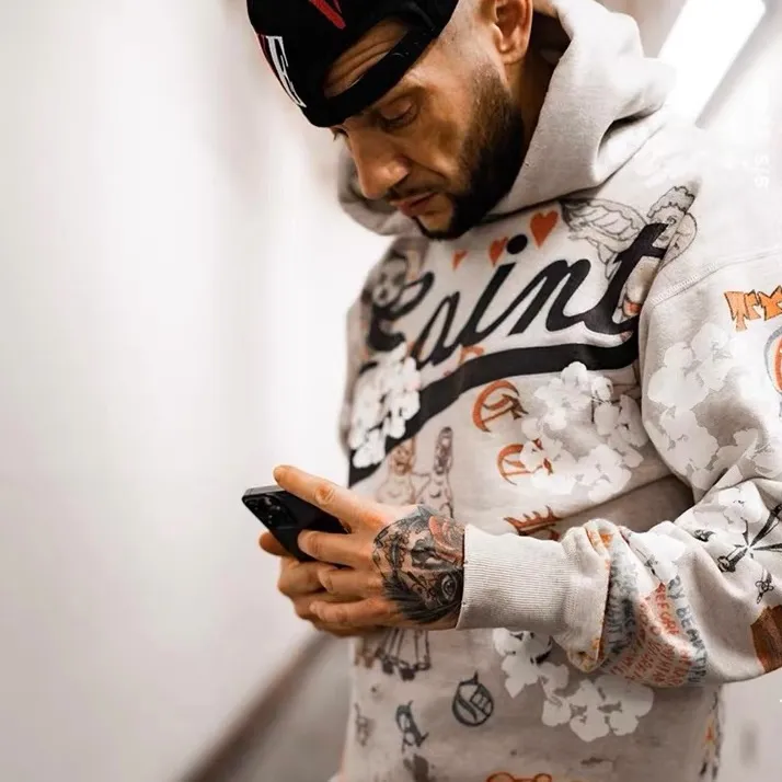 DENIM TEARS × ©SAINT M×××××× "SAINT TEARS" Graffiti Hoodie Joint Model Cotton Graffiti Hoodie Fully Printed Washed Distressed Holes Vintage Sweatshirt Gray S-XL Super Heavy Duty! The whole piece is printed with 35 screens and counterpoint printing!